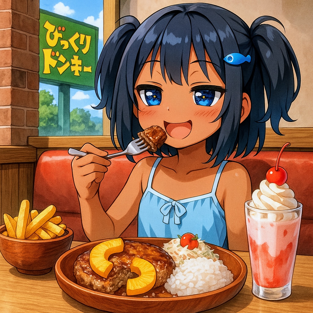 びっくりドンキーでパインバーグディッシュを食べるこなつちゃん