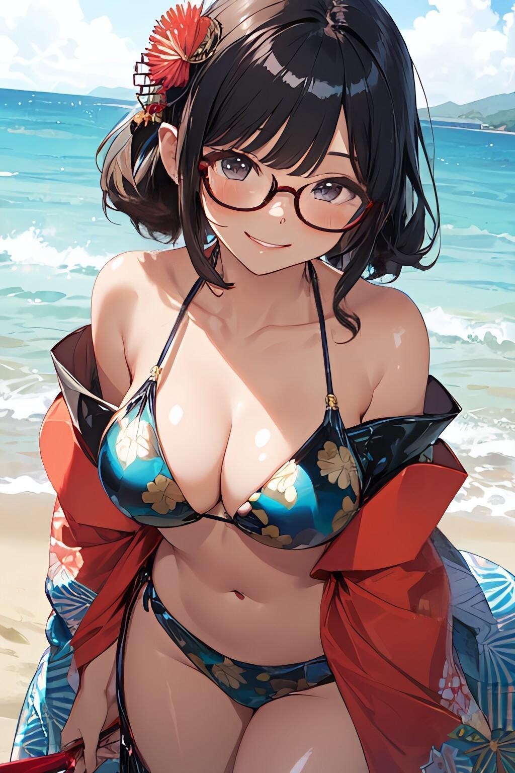 和柄ビキニのお姉さん👘👙