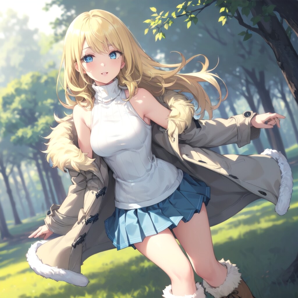 公園を優雅に散歩するブロンドの女の子