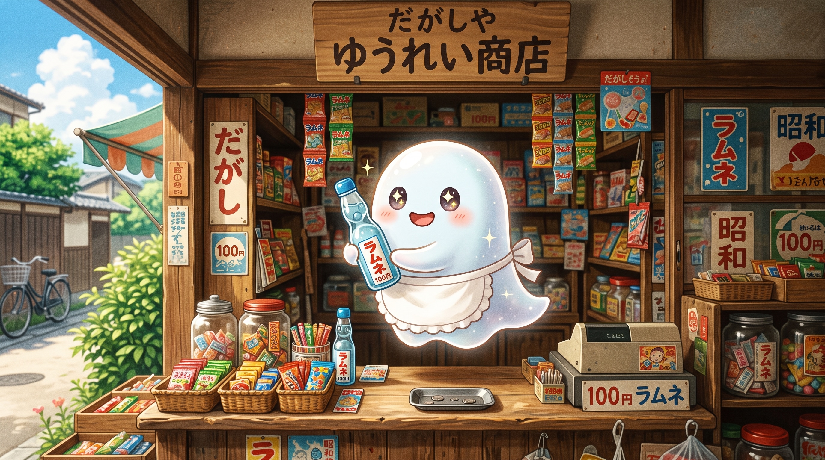 ラムネを販売する駄菓子屋お化けさん | の人気AIイラスト・グラビア