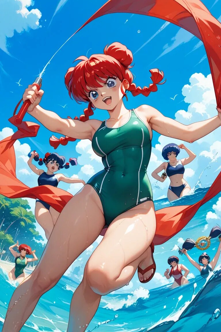 洋風らんま、緑のスク水で海水浴！