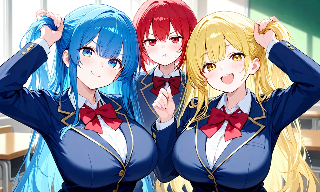 手で髪を束ねる少女たち