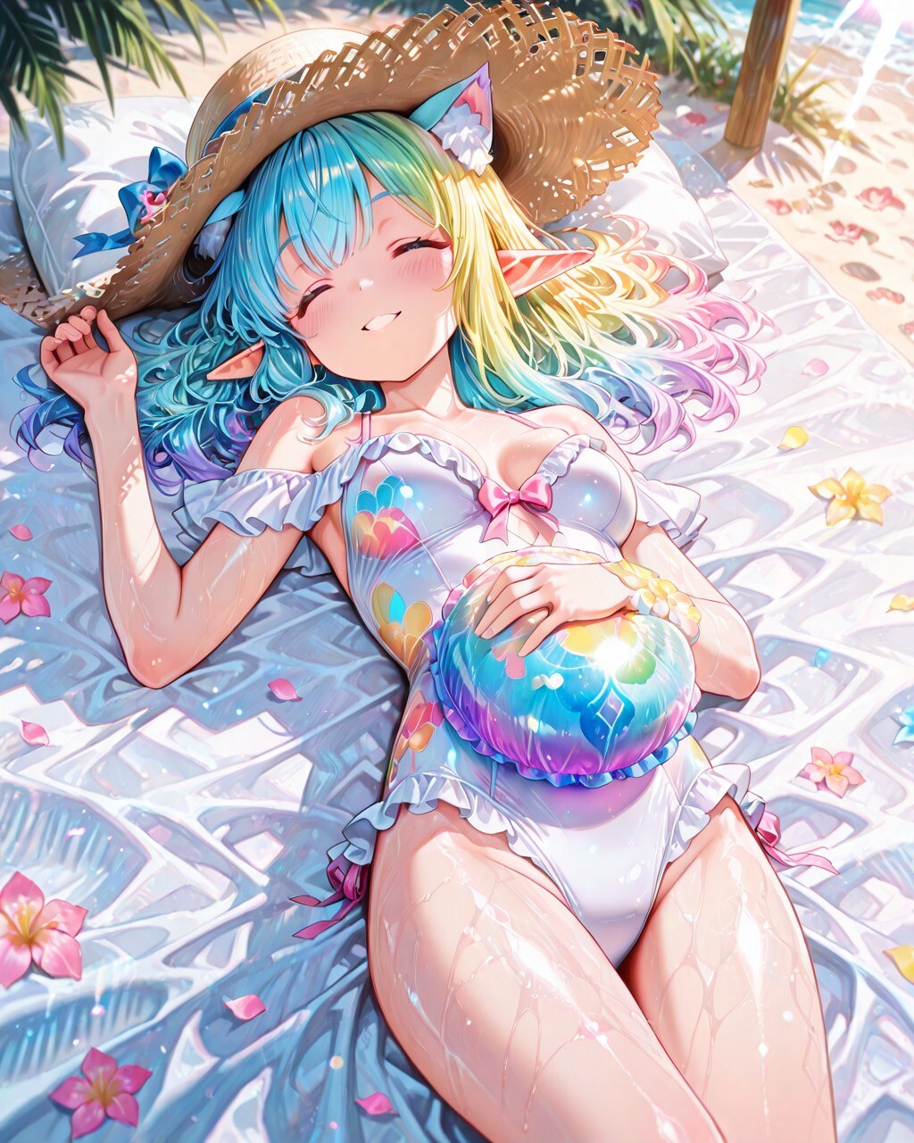 6枚）ビーチで眠るケモ耳エルフさん