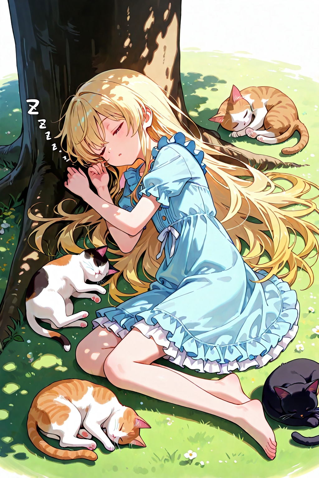 猫とお昼寝する金髪ちゃん