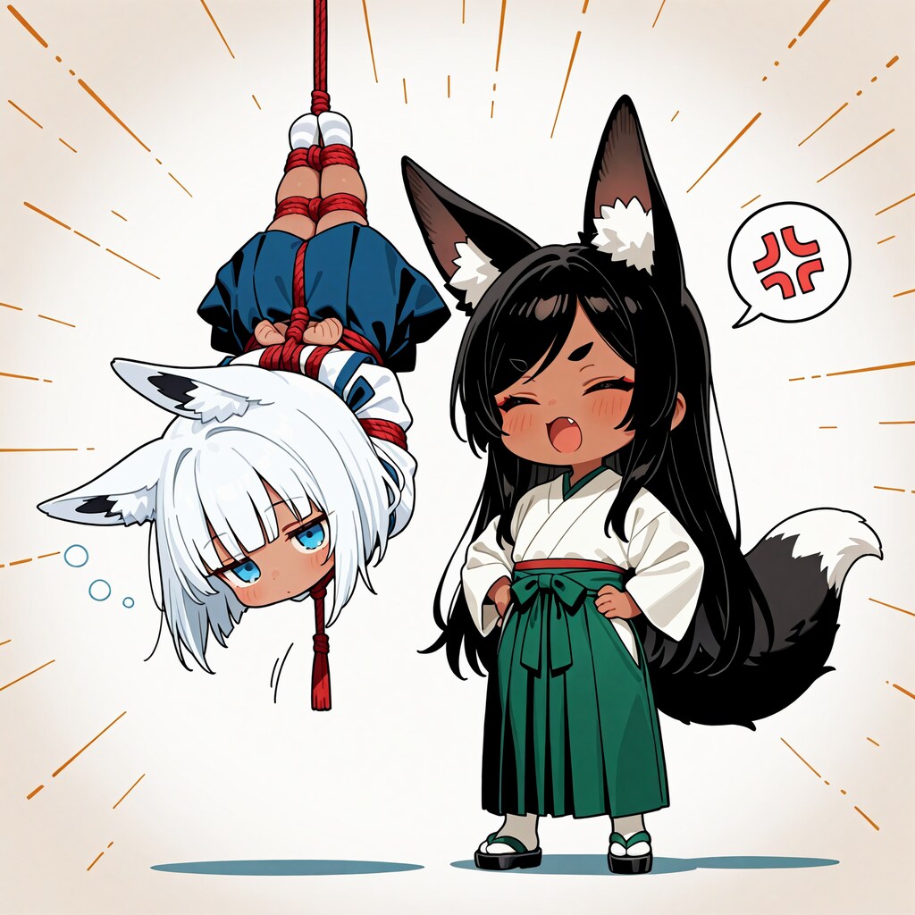 逆さ吊りで怒られる白狐ちゃん