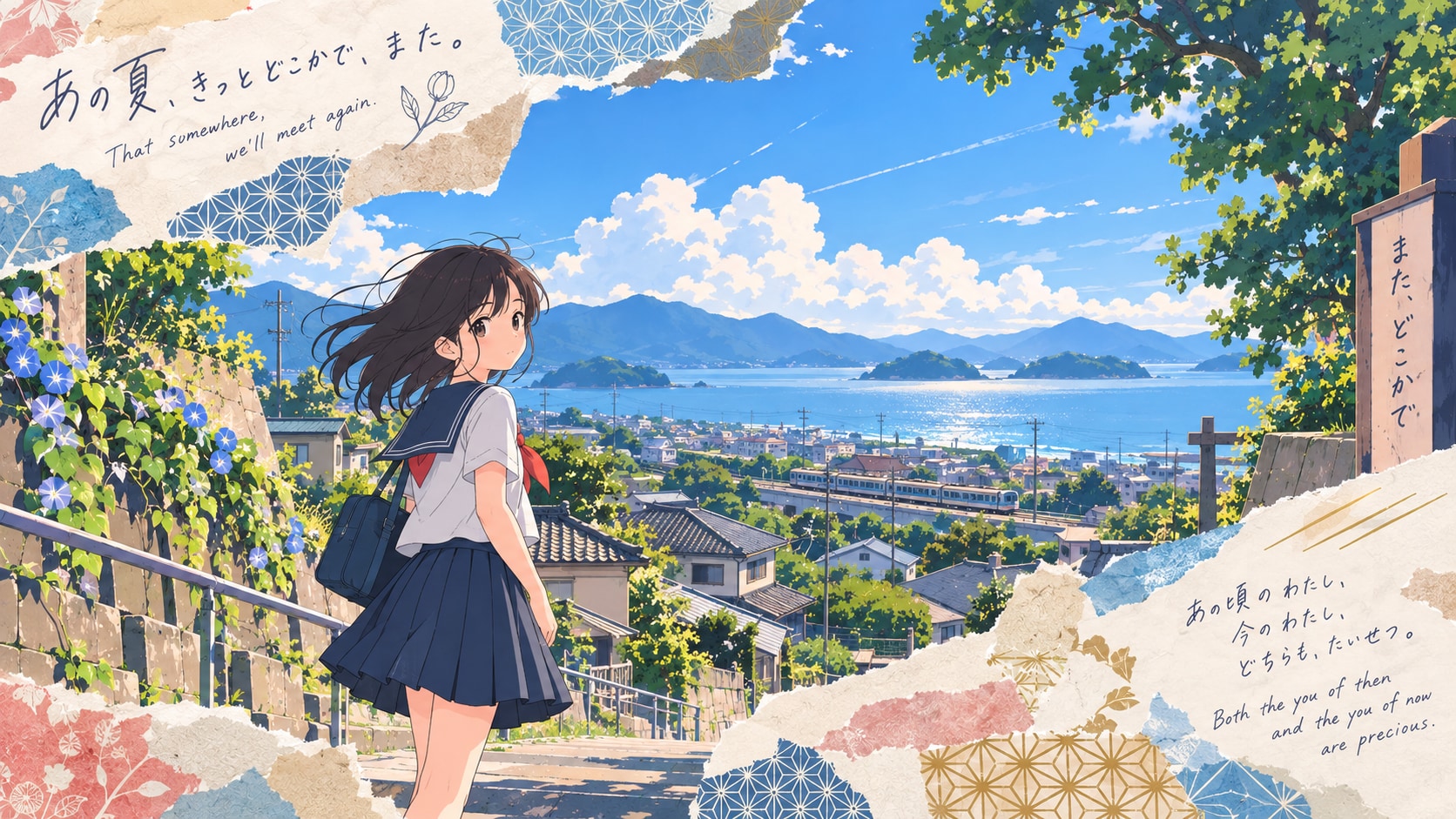 A glance back over a sea-town stairway, morning glories climbing the wall beside her, a whole summer | の人気AIイラスト・グラビア