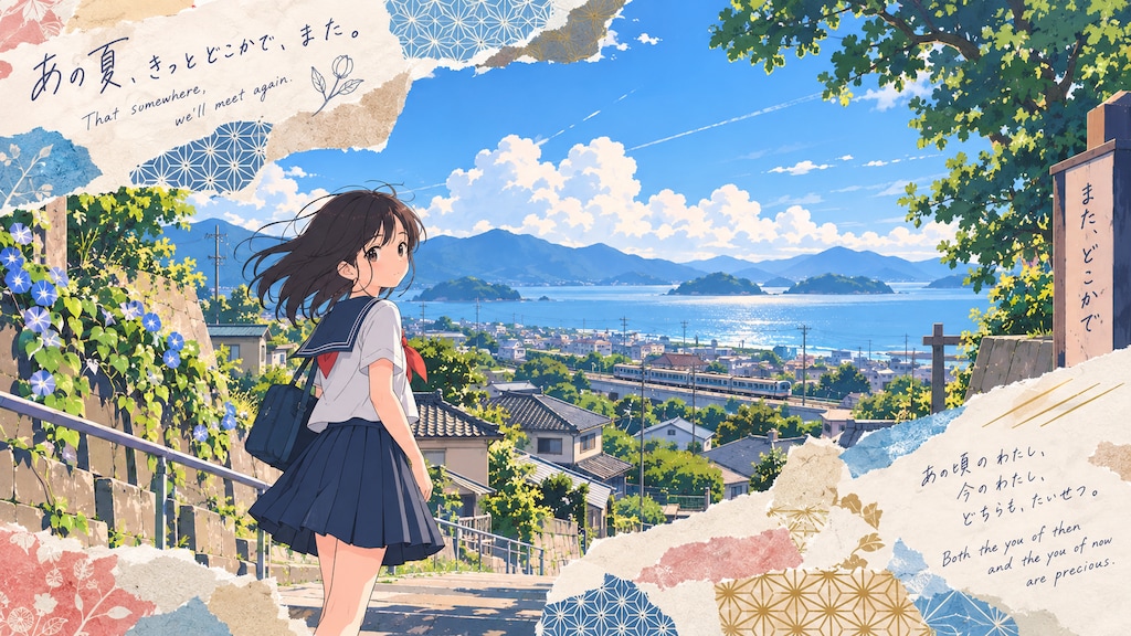 A glance back over a sea-town stairway, morning glories climbing the wall beside her, a whole summer