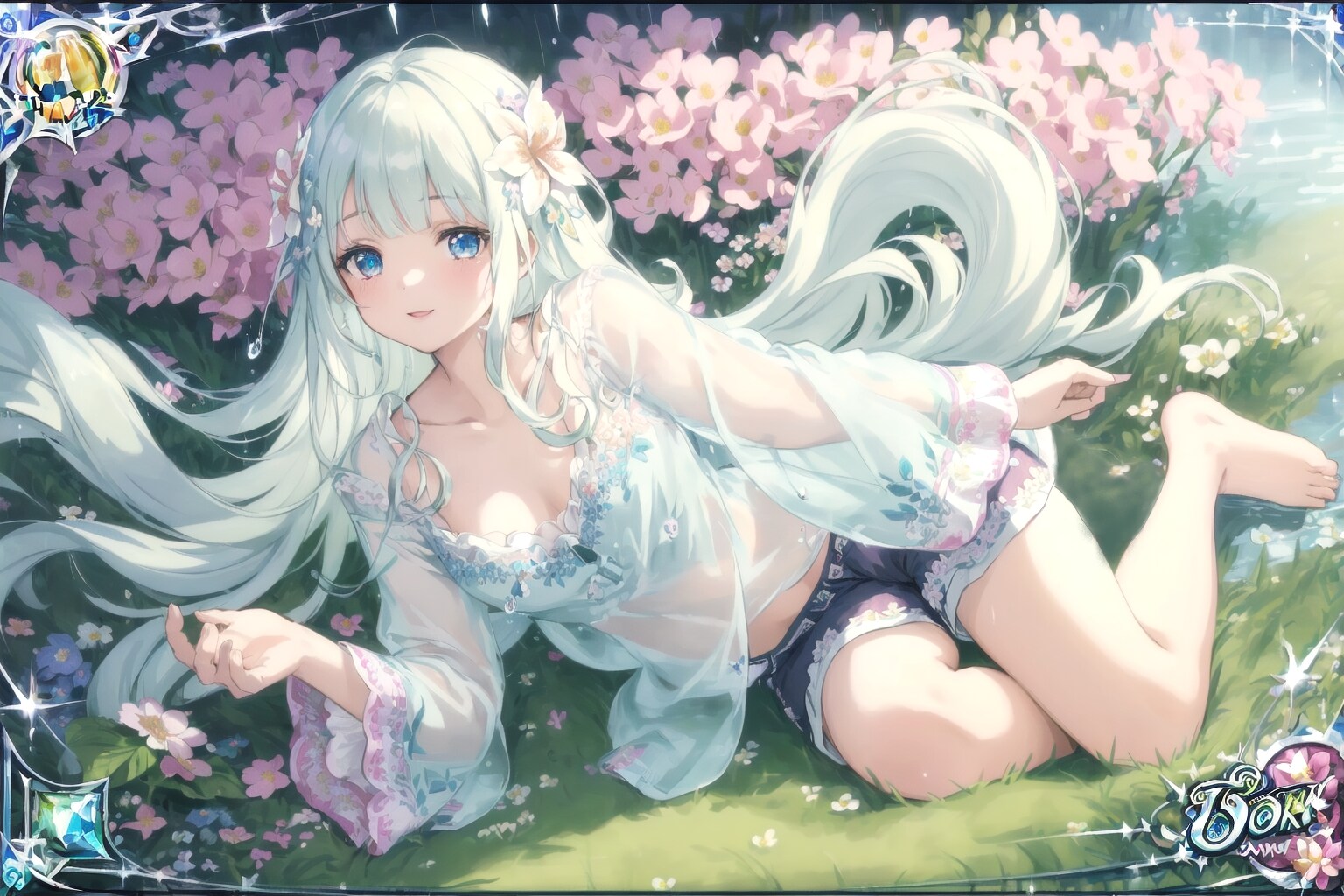 晴れ渡る雨露の花畑