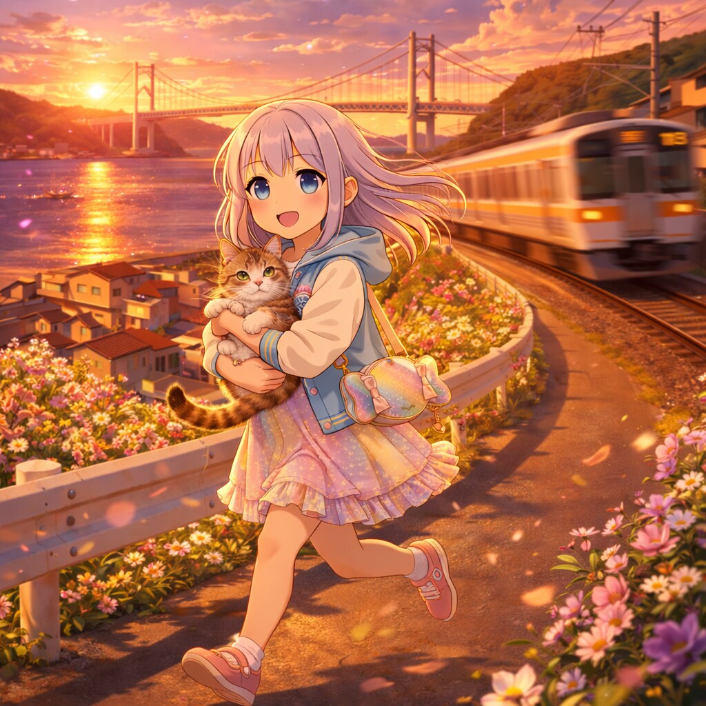 夕焼けと通過列車、きみと猫の帰り道