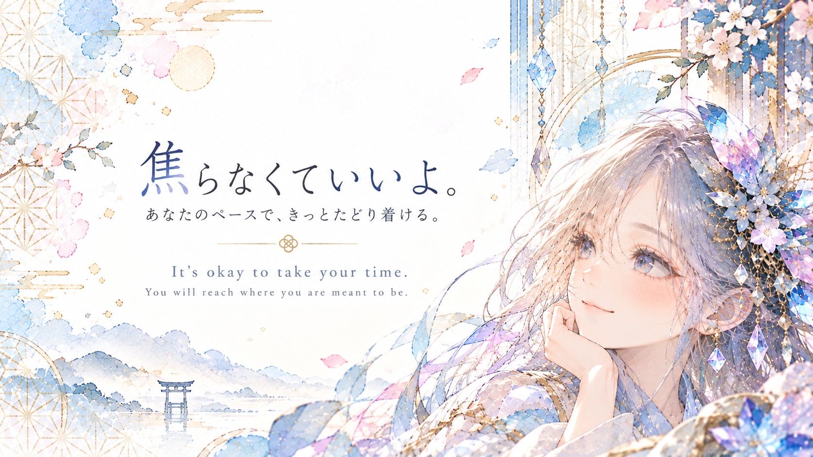 A soft smile beneath cherry blossoms and crystal light, resting easy beside a distant torii on the w | の人気AIイラスト・グラビア