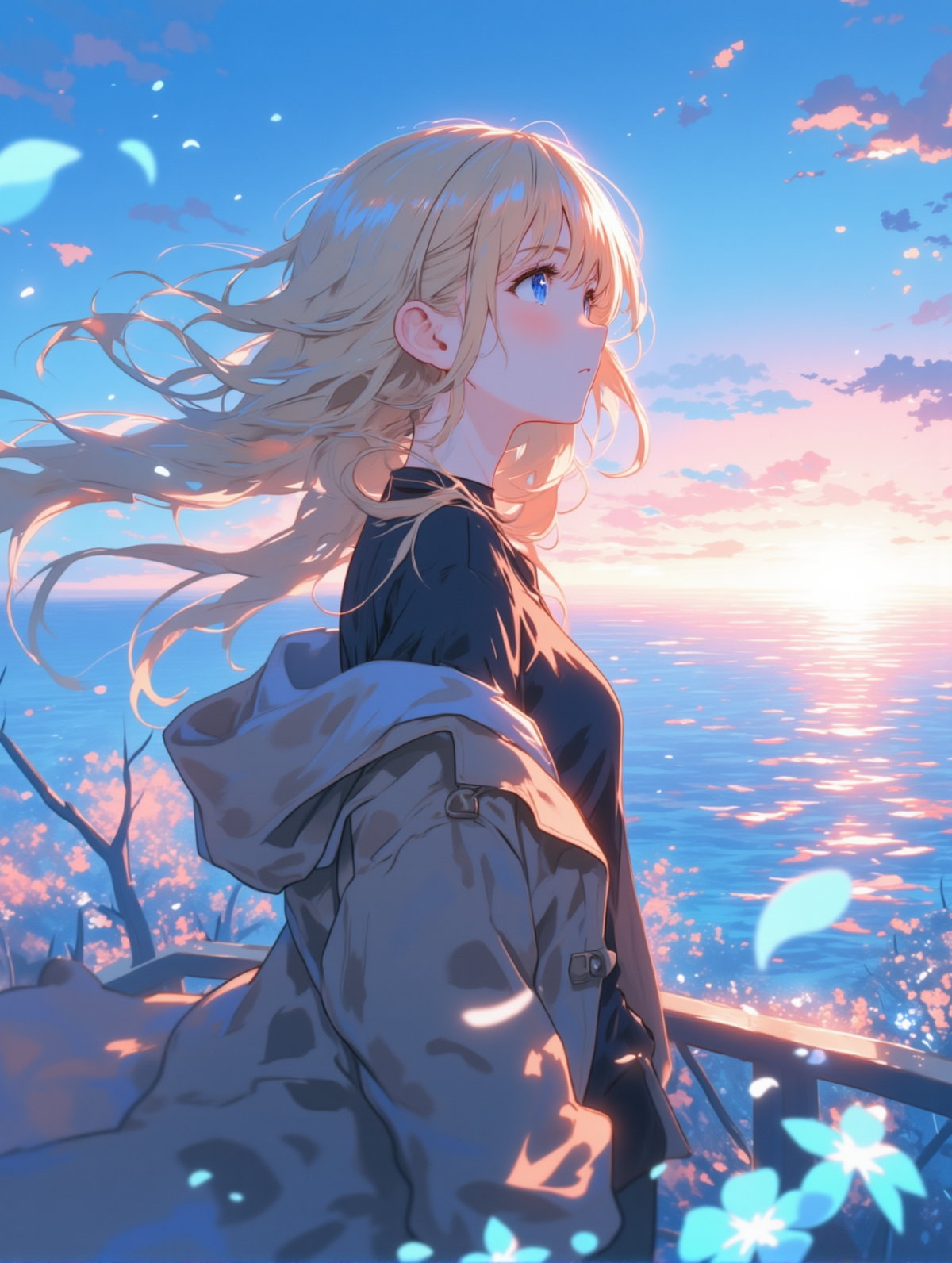 髪留めを外すと、そっと海風が髪をなでた。(暁の海辺_5)