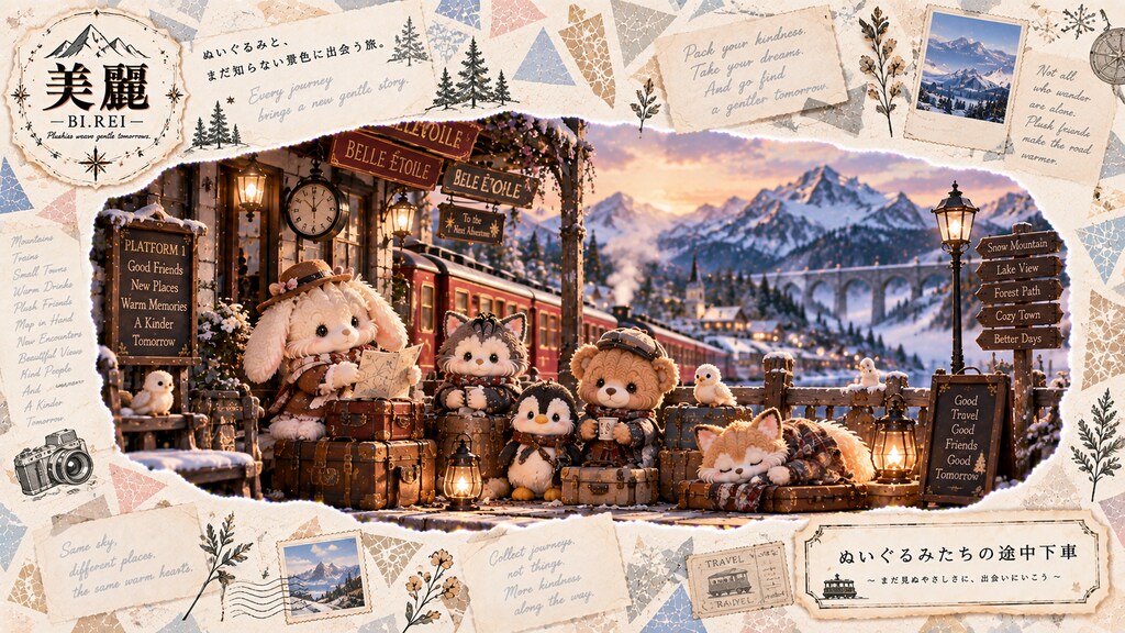 A little gathering of plush travelers waiting on the platform, suitcases packed for a snowy adventur