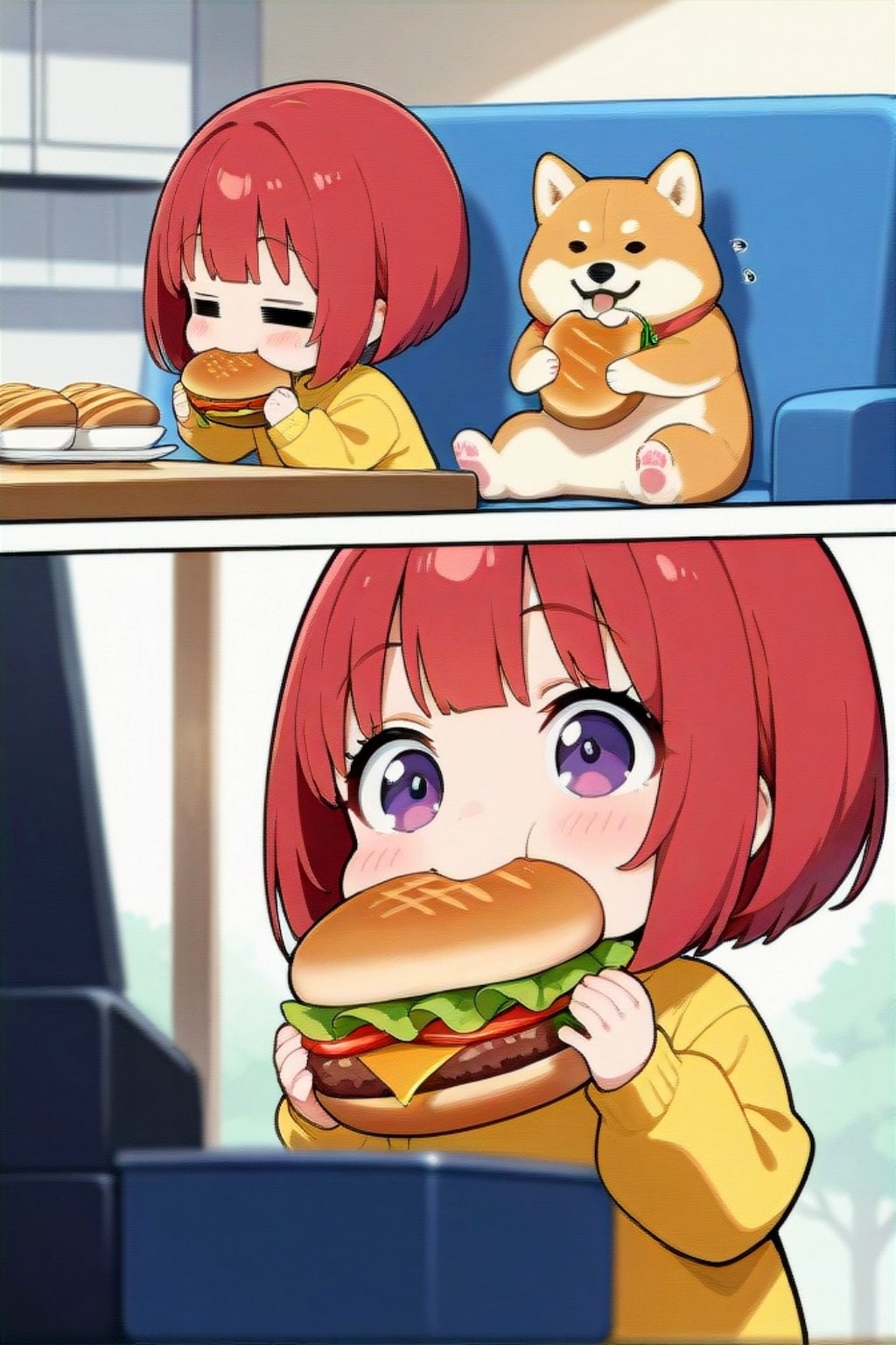 赤髪ちゃんと柴犬とハンバーガー
