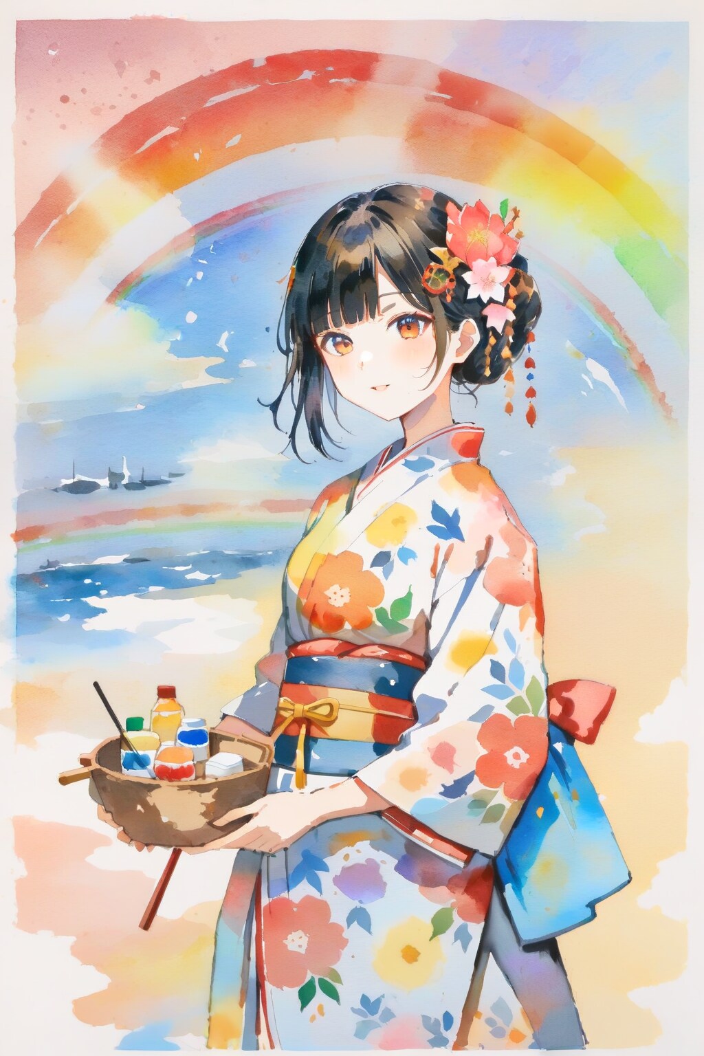 虹と浴衣の少女