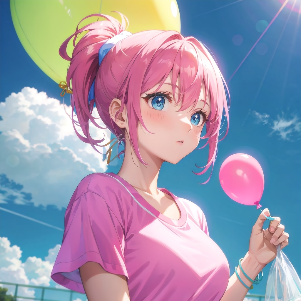 巨大風船を持つピンク髪ポニーテールのテニスウェア着た美女 | の人気AIイラスト・グラビア