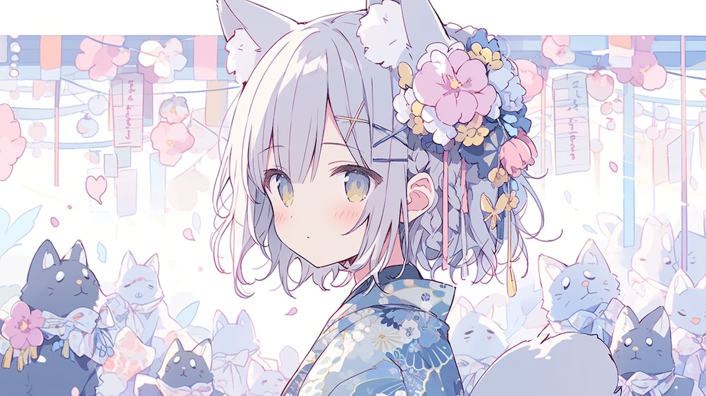 猫の祭りで微笑む花冠の少女