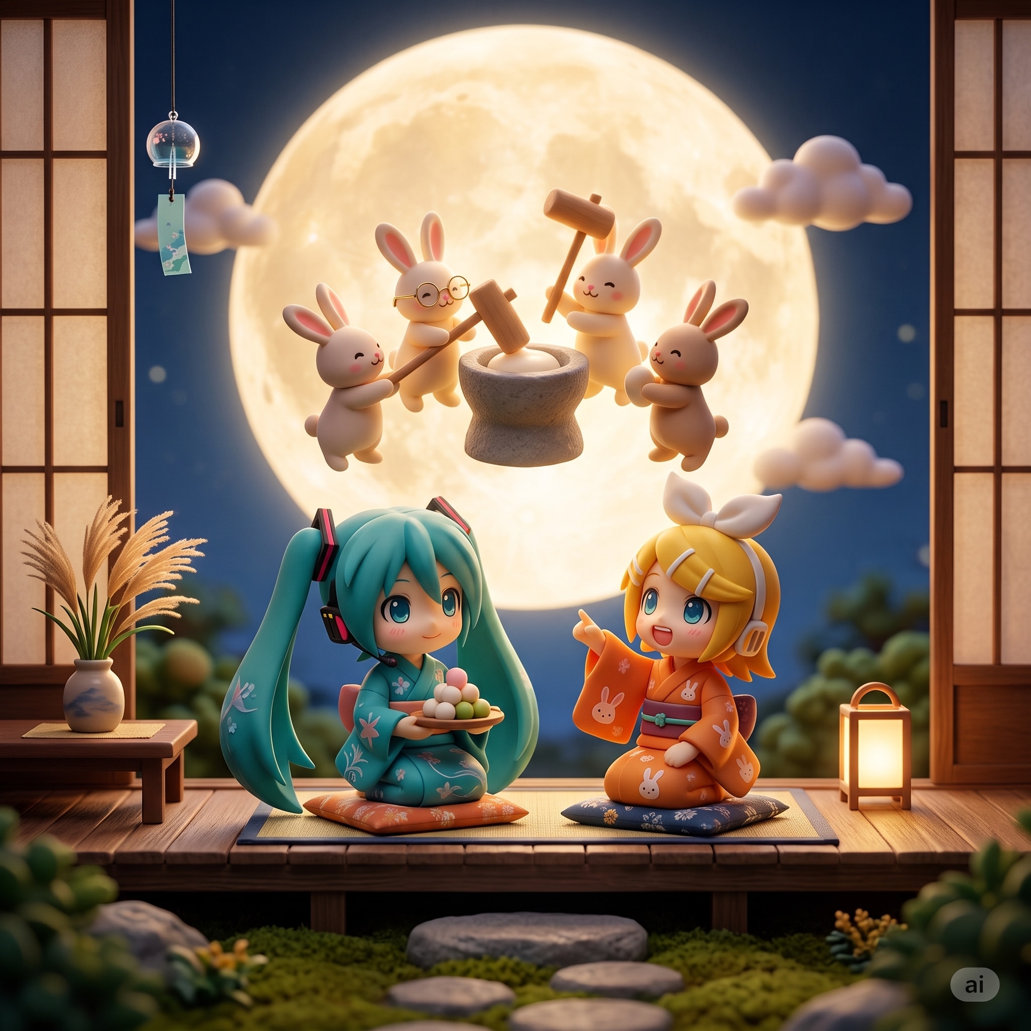 お月見 ミクちゃんとリンちゃん | の人気AIイラスト・グラビア