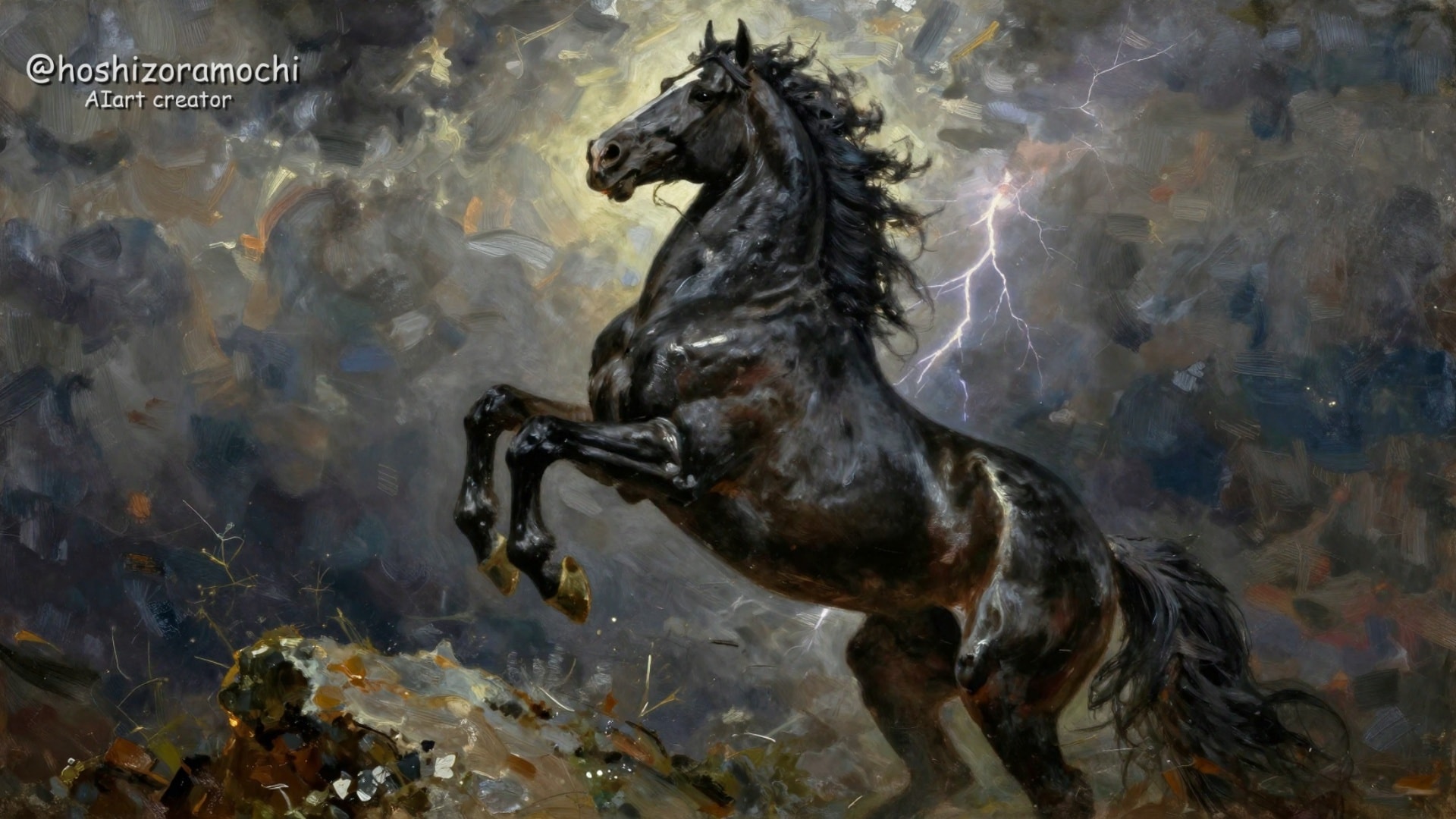 嵐の中の黒馬の威厳 | の人気AIイラスト・グラビア
