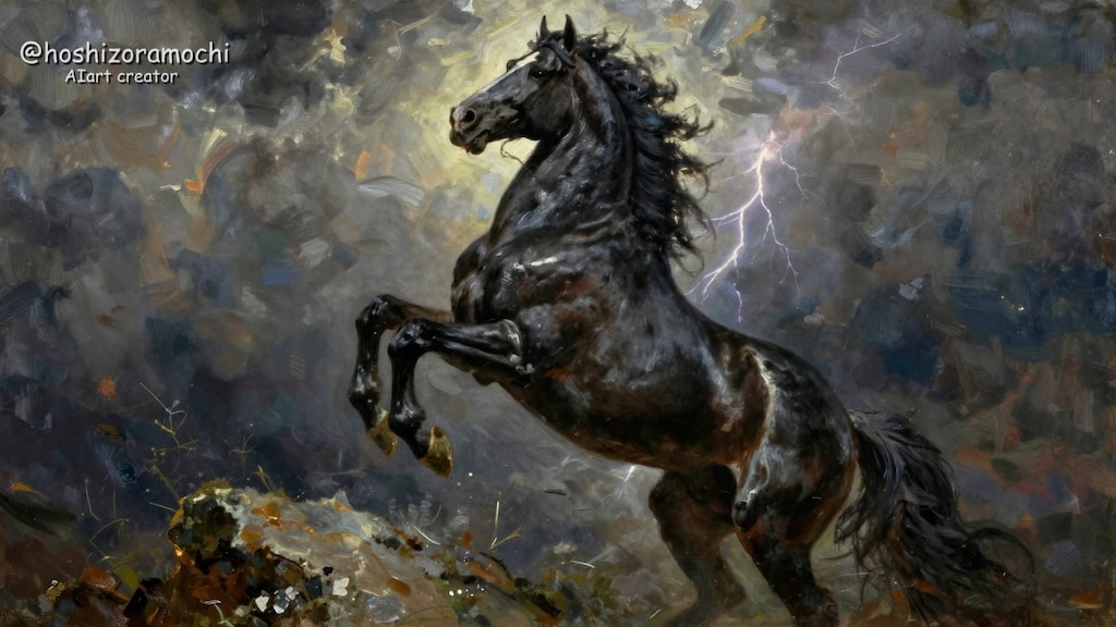 嵐の中の黒馬の威厳