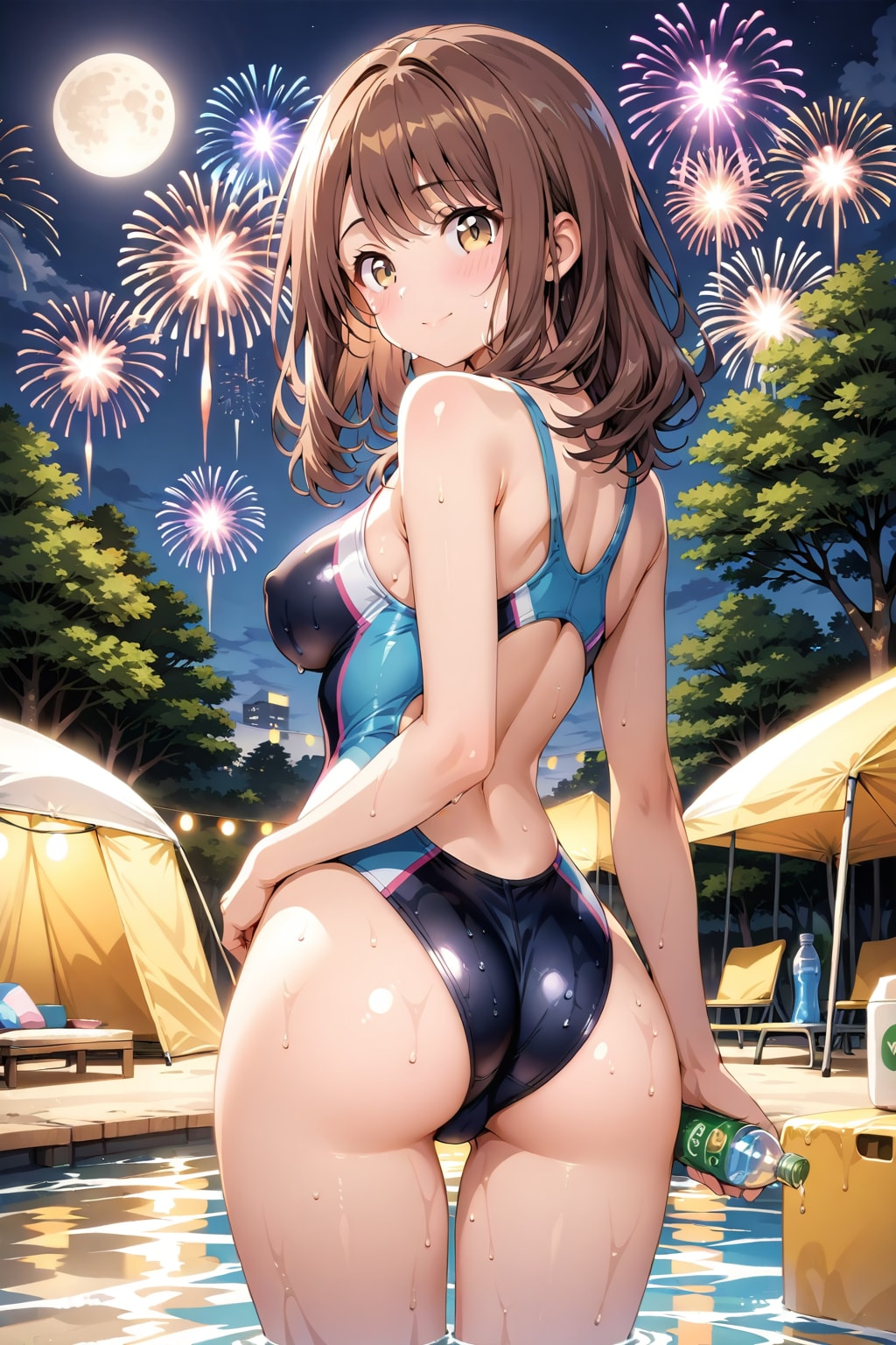 川辺で遊ぶ競泳水着の心実を後ろから
