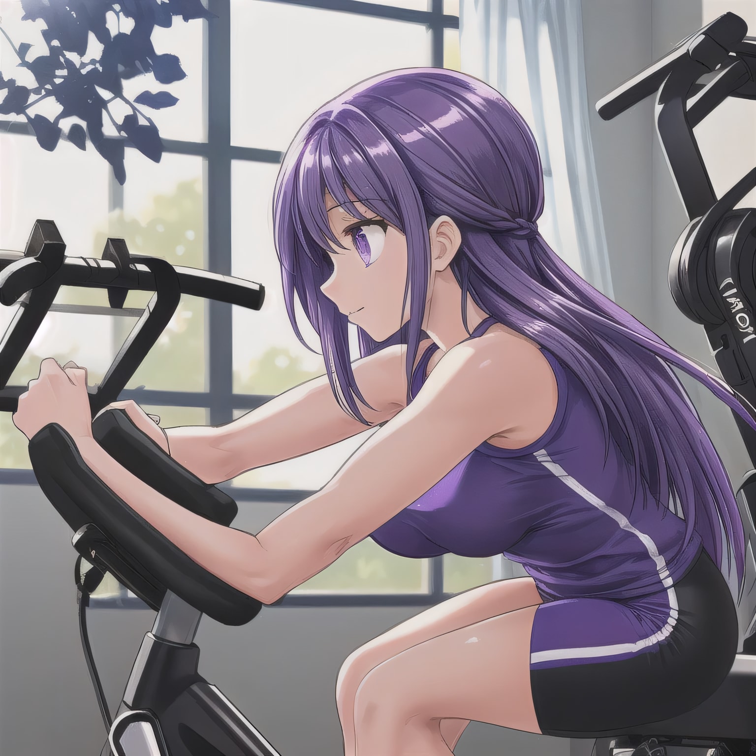 紫髪ロングでエアロバイクの少女９ | の人気AIイラスト・グラビア