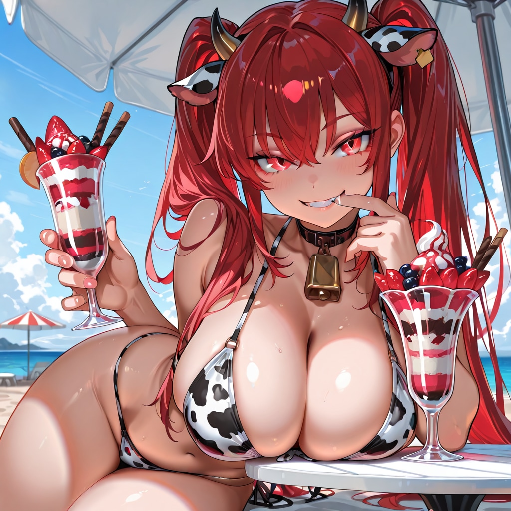 ビーチでパフェ堪能お姉さん☆