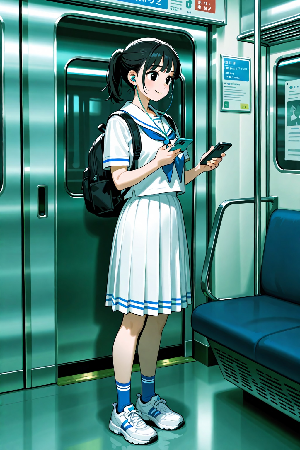 音楽を聴くセーラー服少女