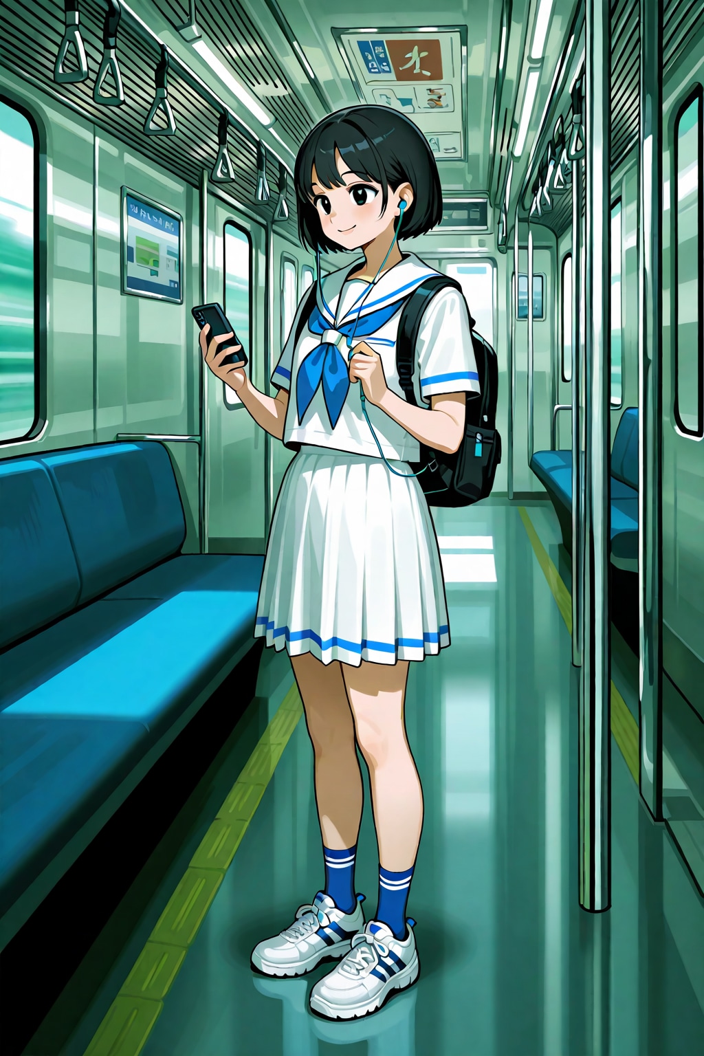 音楽を聴くセーラー服少女