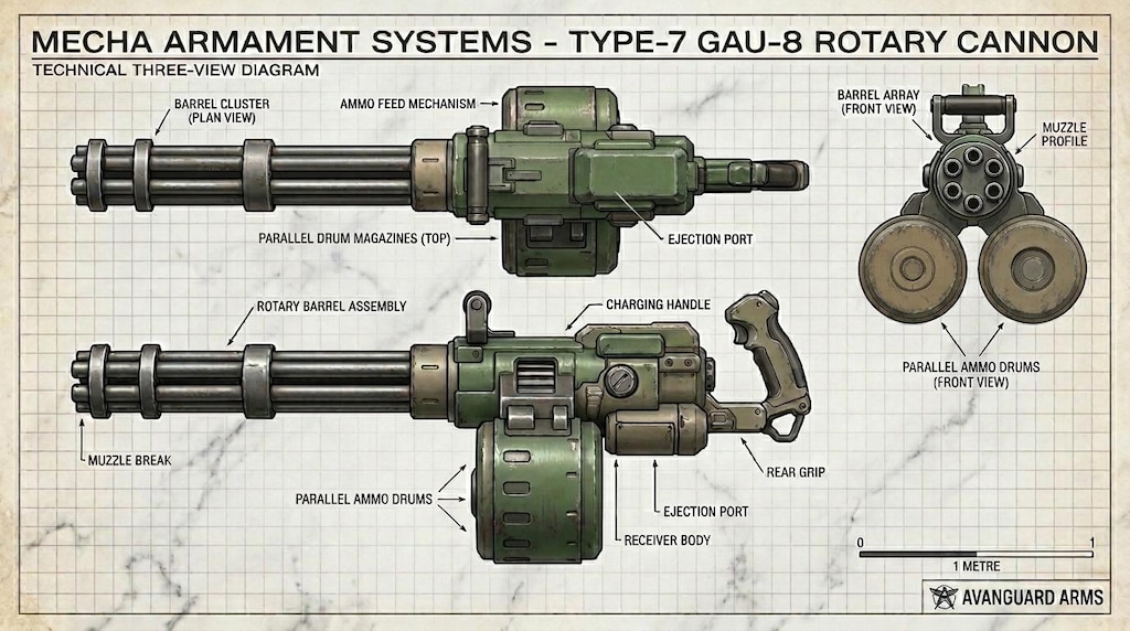 AIガチャ戦機 少数生産機＋重ガトリング（習作）　三面図経由フィギア