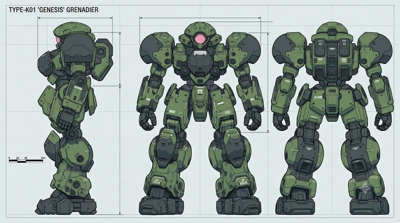 AIガチャ戦機 少数生産機＋重ガトリング（習作）　三面図経由フィギア
