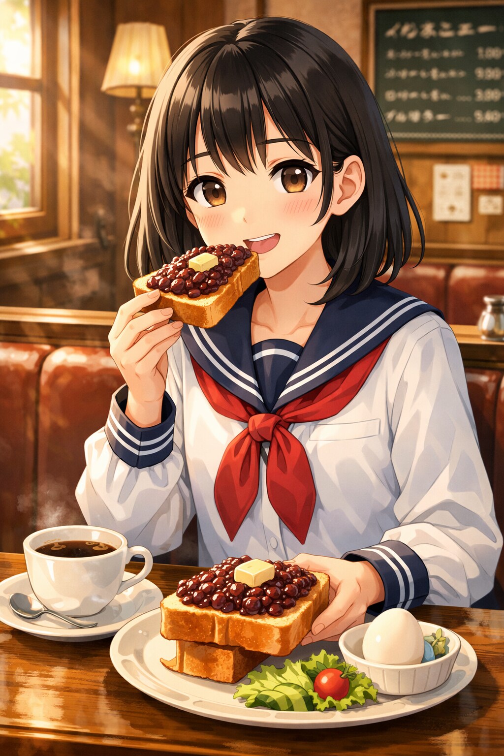 喫茶店でモーニングを食べている女の子