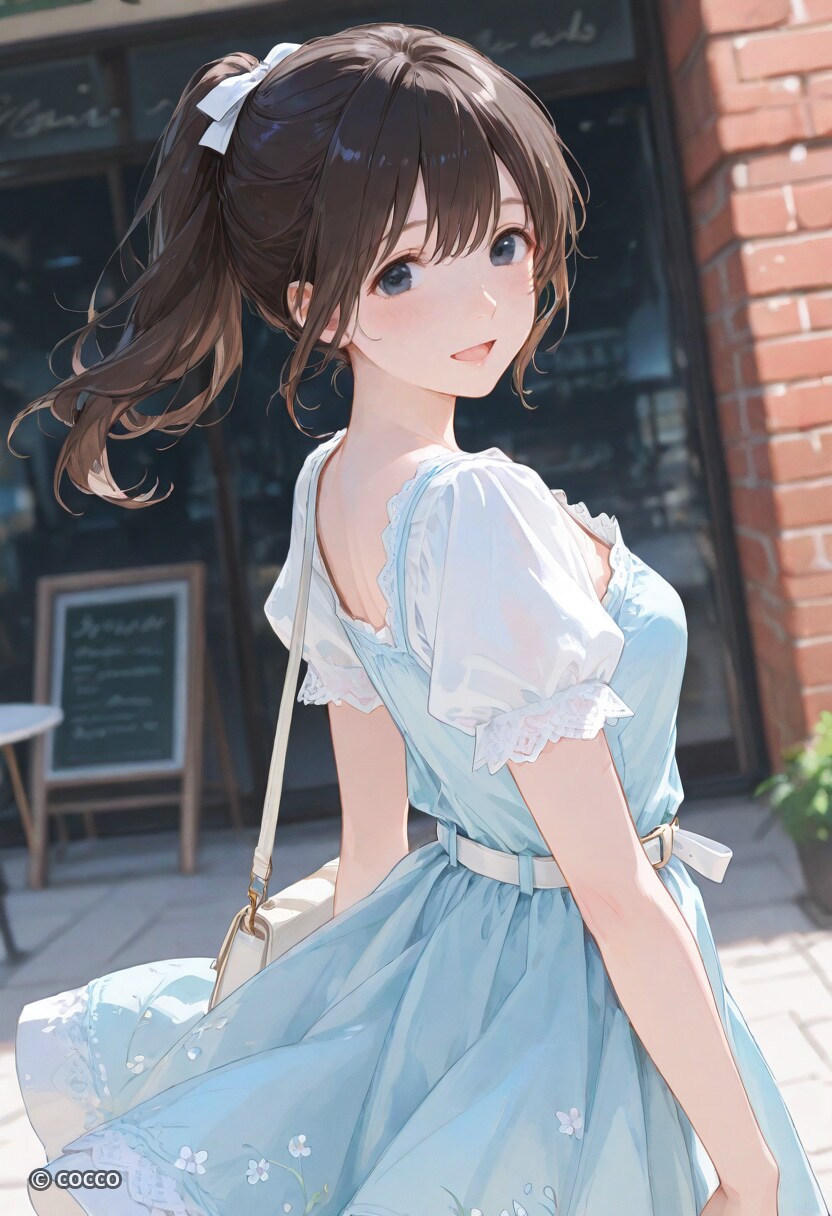 振り向き水色ワンピ