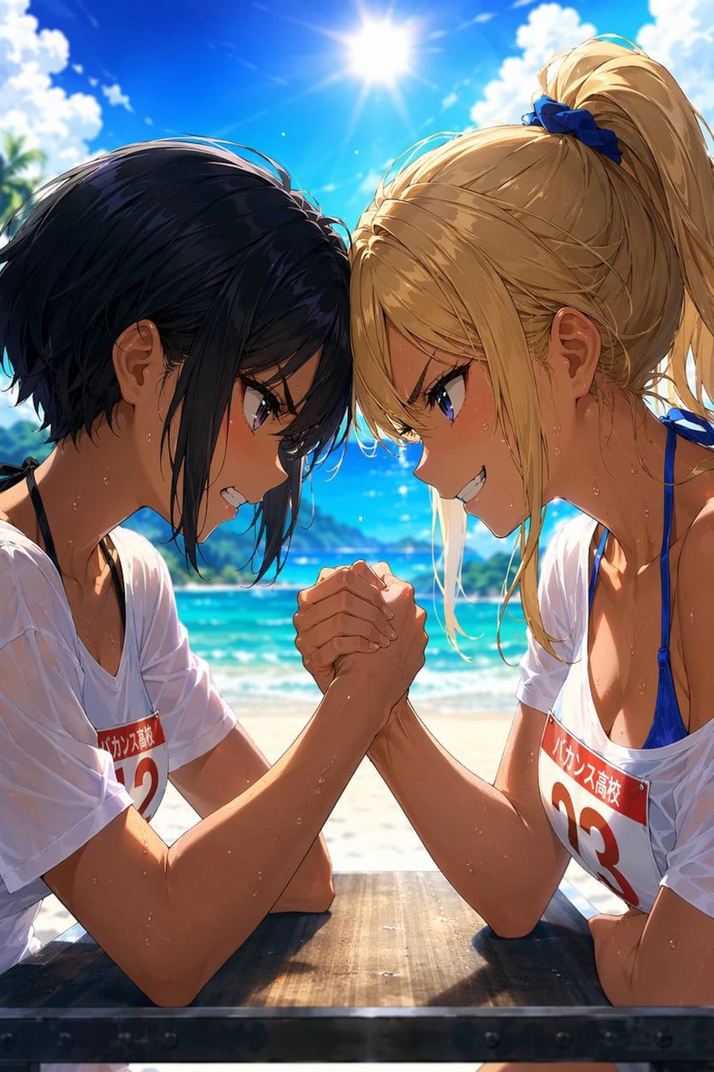 ビーチで腕相撲！
