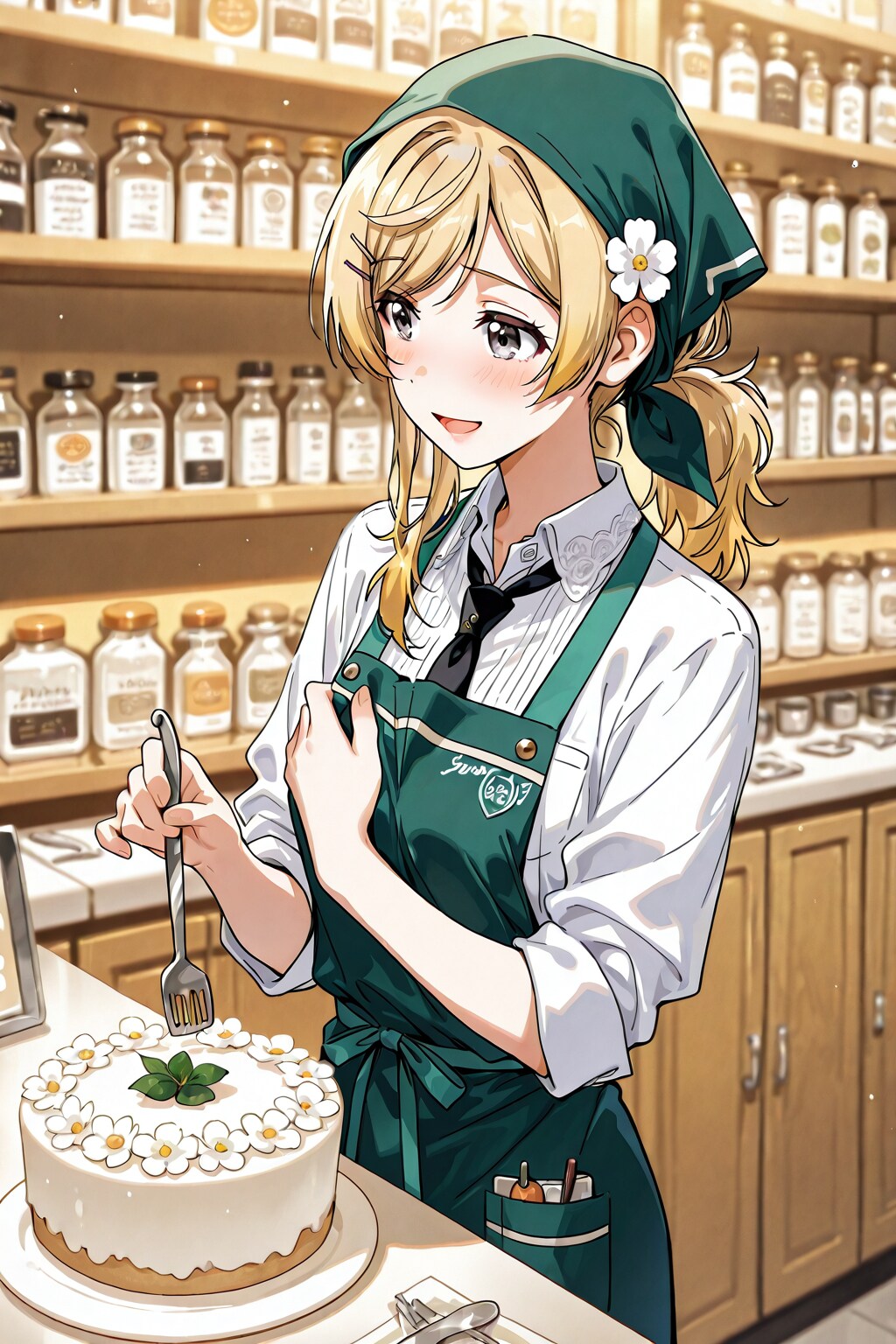ぇい、いらっしゃいませ～⤴（確かにお店に出ることは話したけど、来るなら前もって言ってよアンポンタン！心の準備ができてないじゃない！やだ、手ふるえちゃう…。え、ちょっと待って、前髪変じゃないよね？）