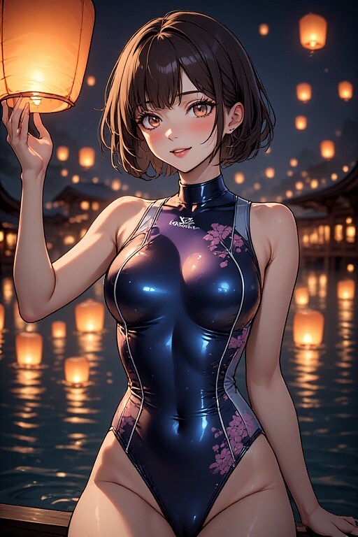 無数の提灯と競泳水着と