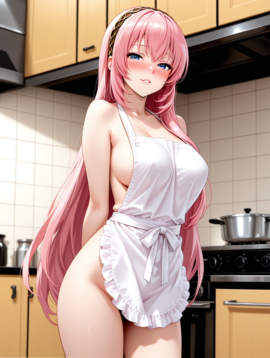 裸エプロンでキッチンに立つルカさん