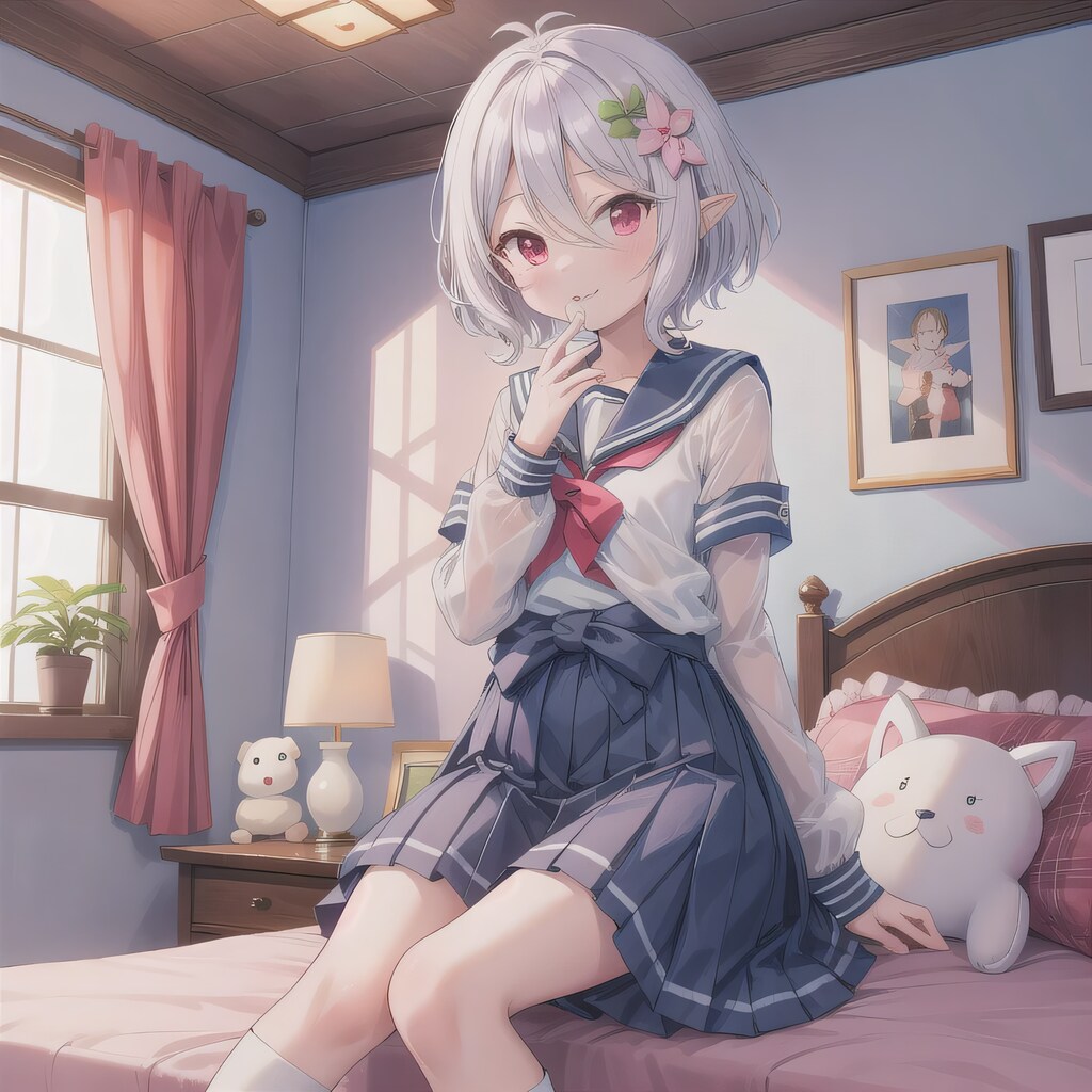 白髪ボブで寝室の少女２