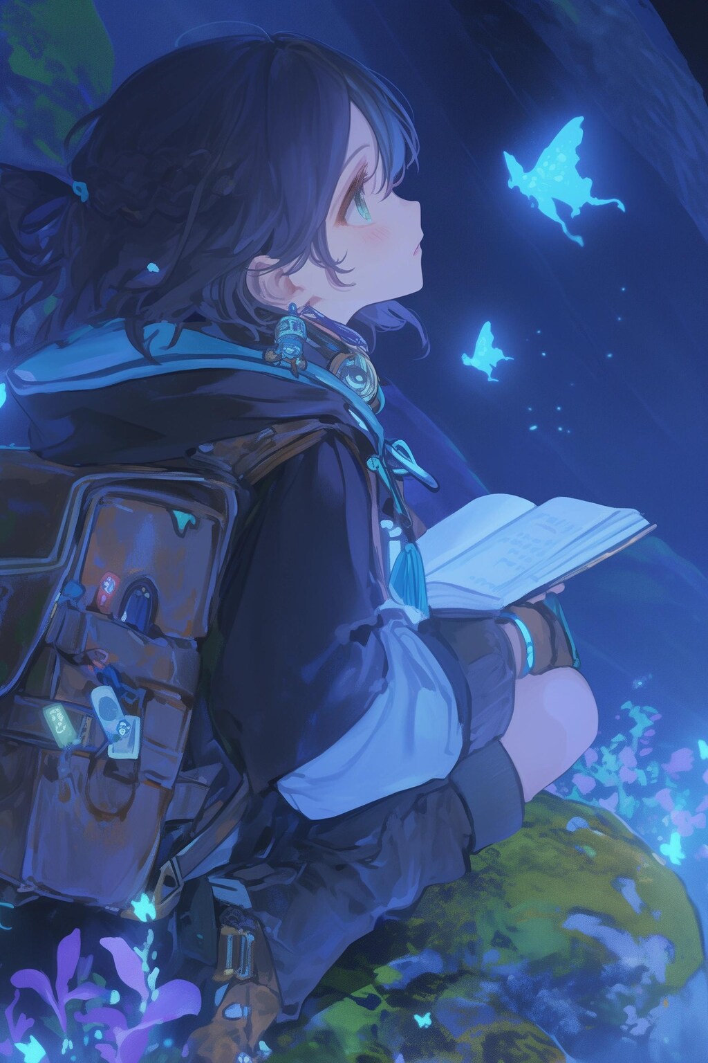 青い光の精霊たちと