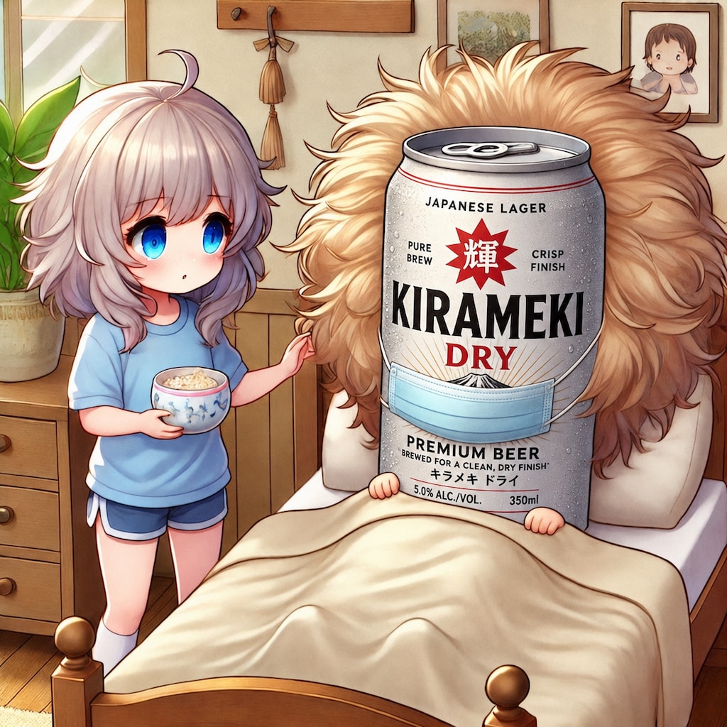 ビール缶の看病をする小さな女の子