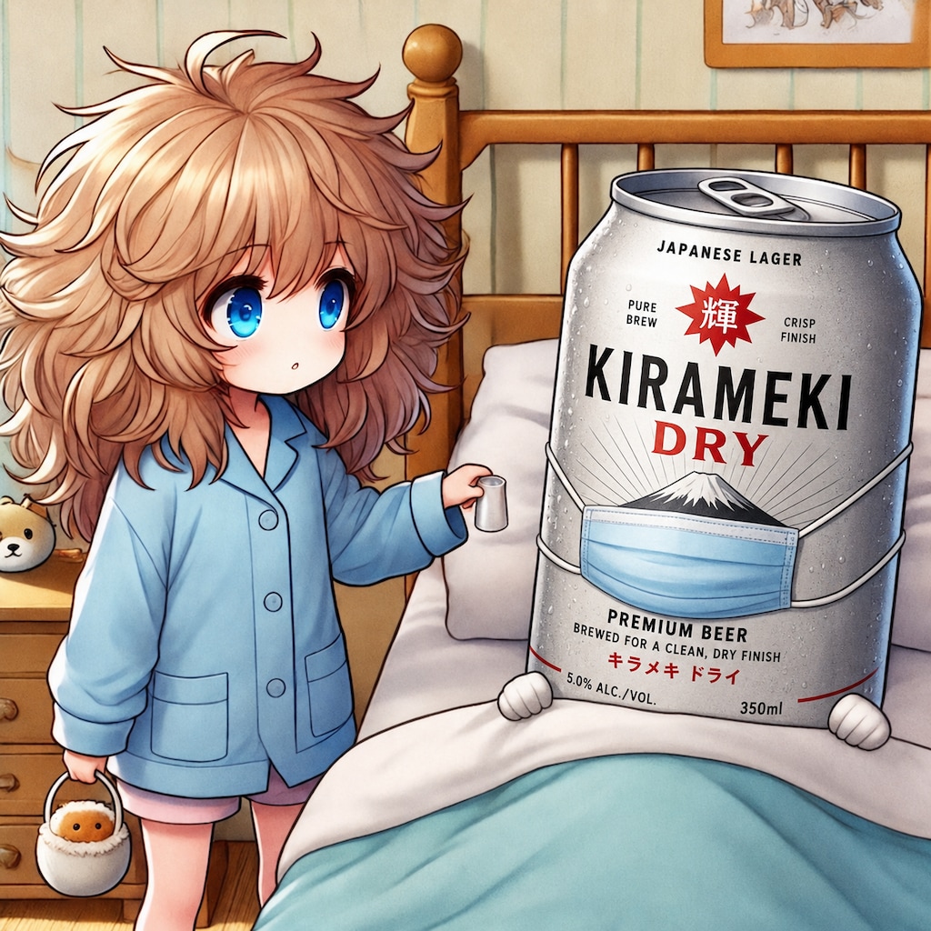 ビール缶の看病をする小さな女の子