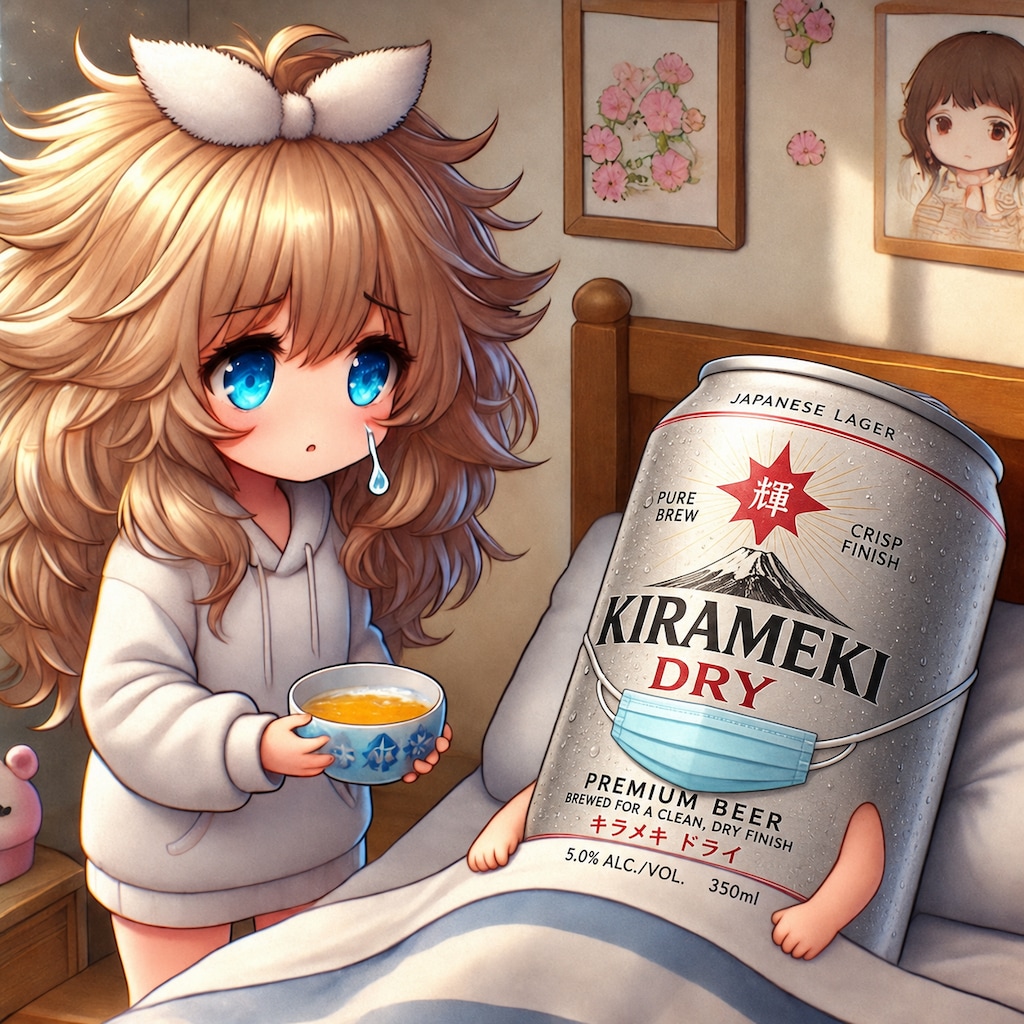 ビール缶の看病をする小さな女の子