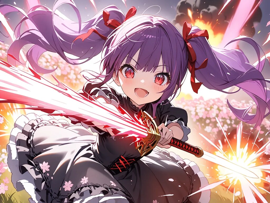 戦闘中も笑顔元気★紫髪の少女