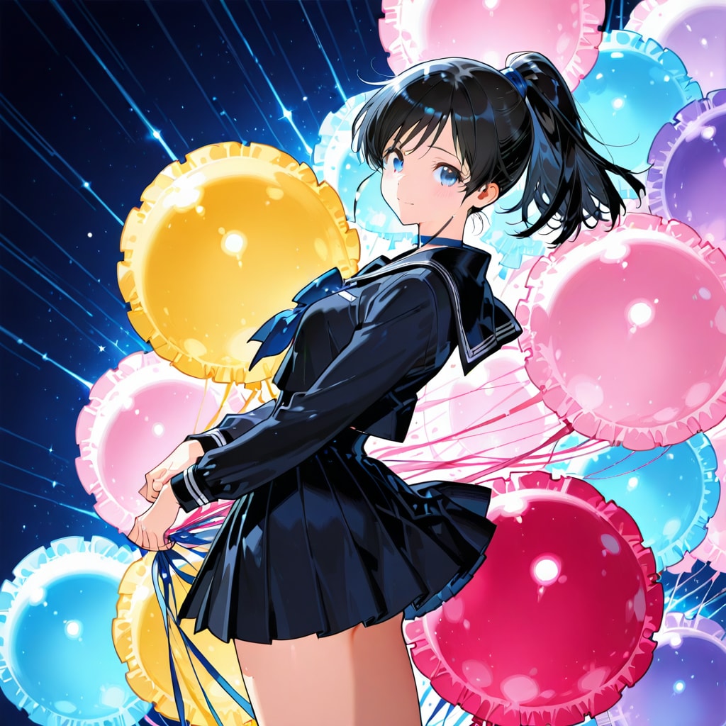 いっぱい色とりどりの風船を持つ黒髪ポニーテールのセーラー服着た美少女 | の人気AIイラスト・グラビア