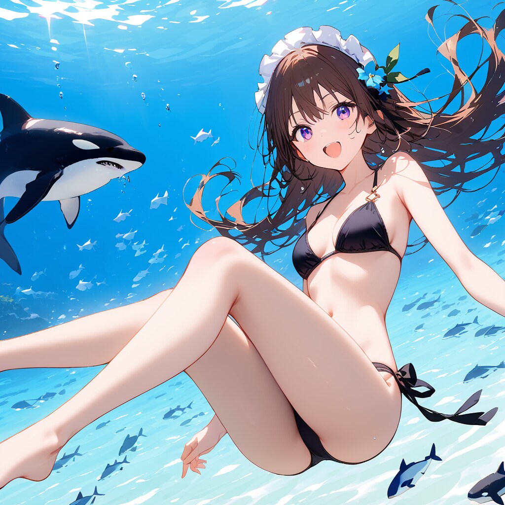 シャチと泳ぐ少女