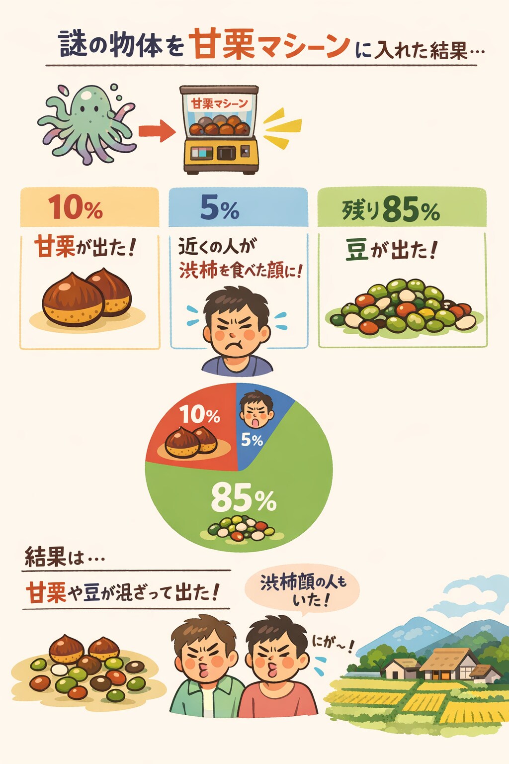渋柿を入れると10%の確率で甘栗が排出され、5%の確率で近くの人が渋柿を食べた時の顔になり、残りの確率で豆が排出される、通称『甘栗マシーン』に植物かどうかすら曖昧な物体を入れた結果を撒く