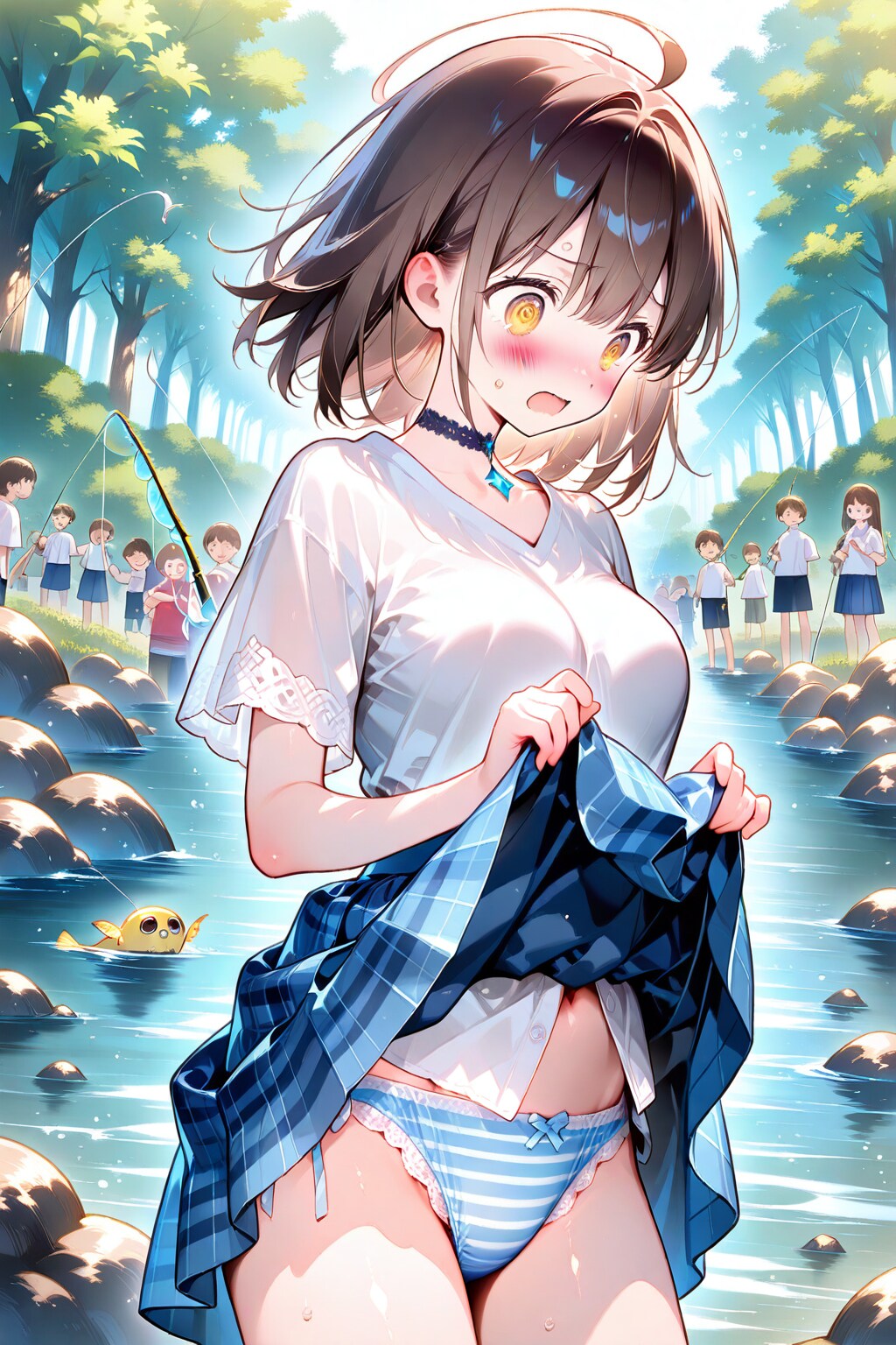 飛んだ魚をスカートでキャッチしちゃった娘