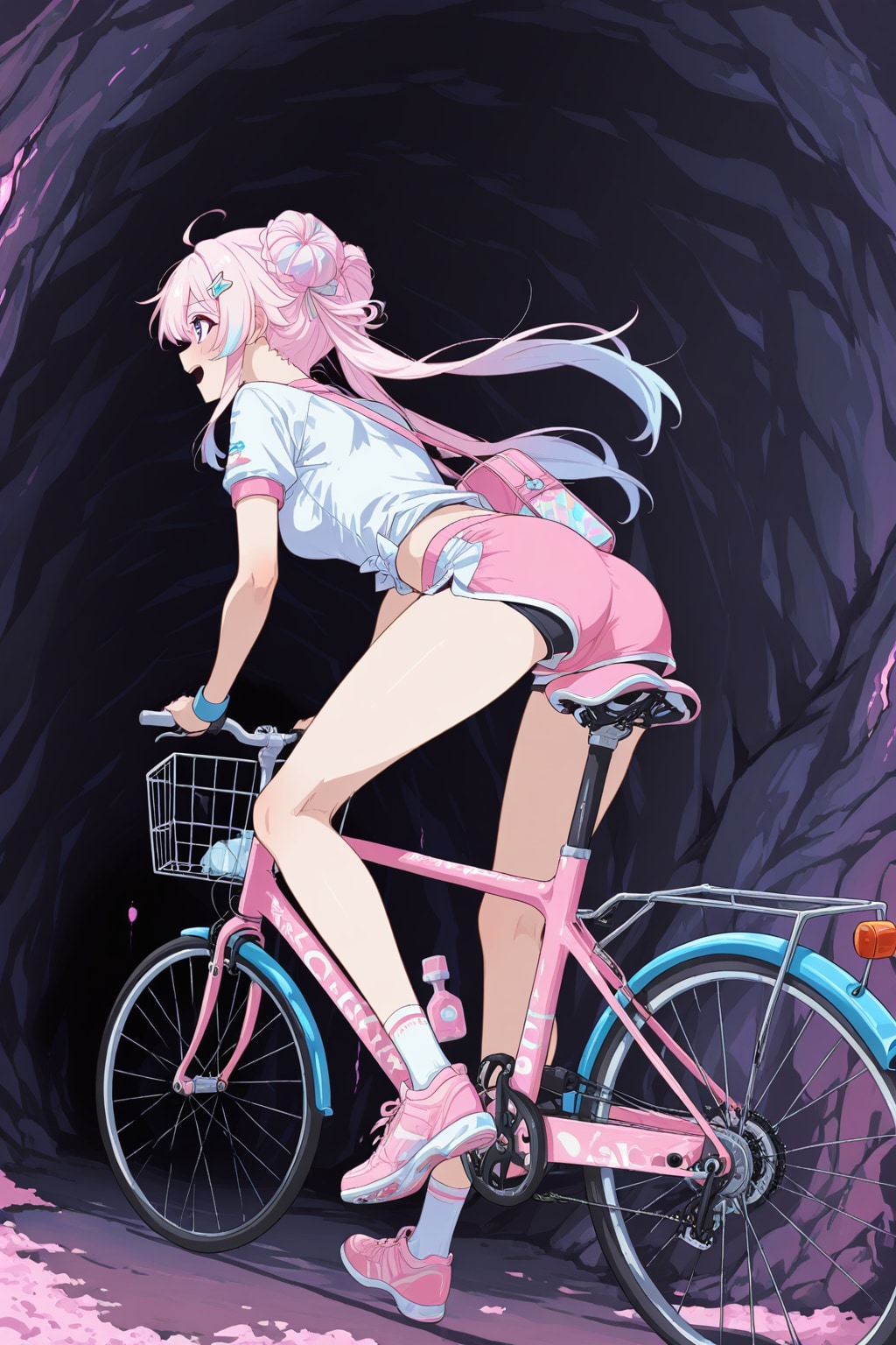 自転車に乗る お団子ヘア