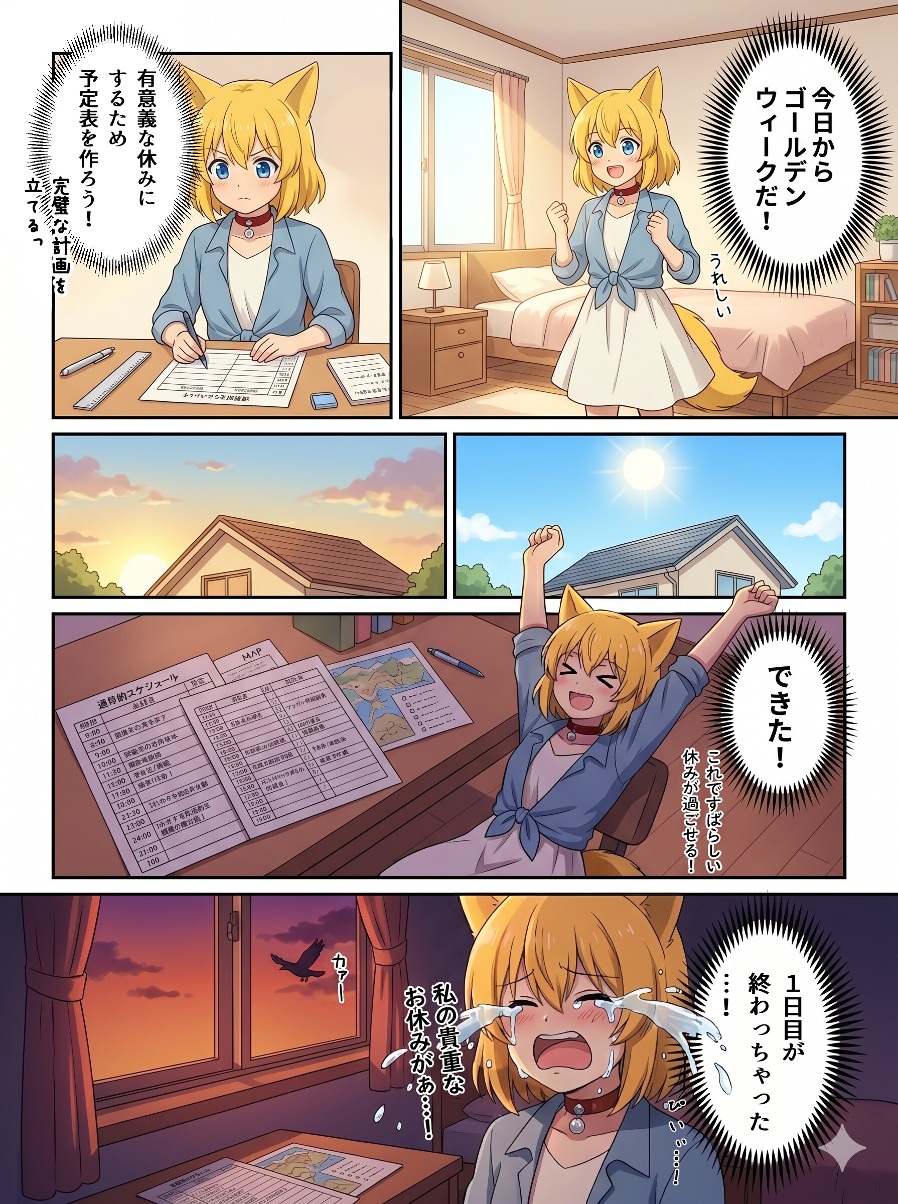 充実した連休にしようと意気込んだものの計画を立てるのに一日費やしてしまい出鼻をくじかれ深い悲しみに包まれるキツネ