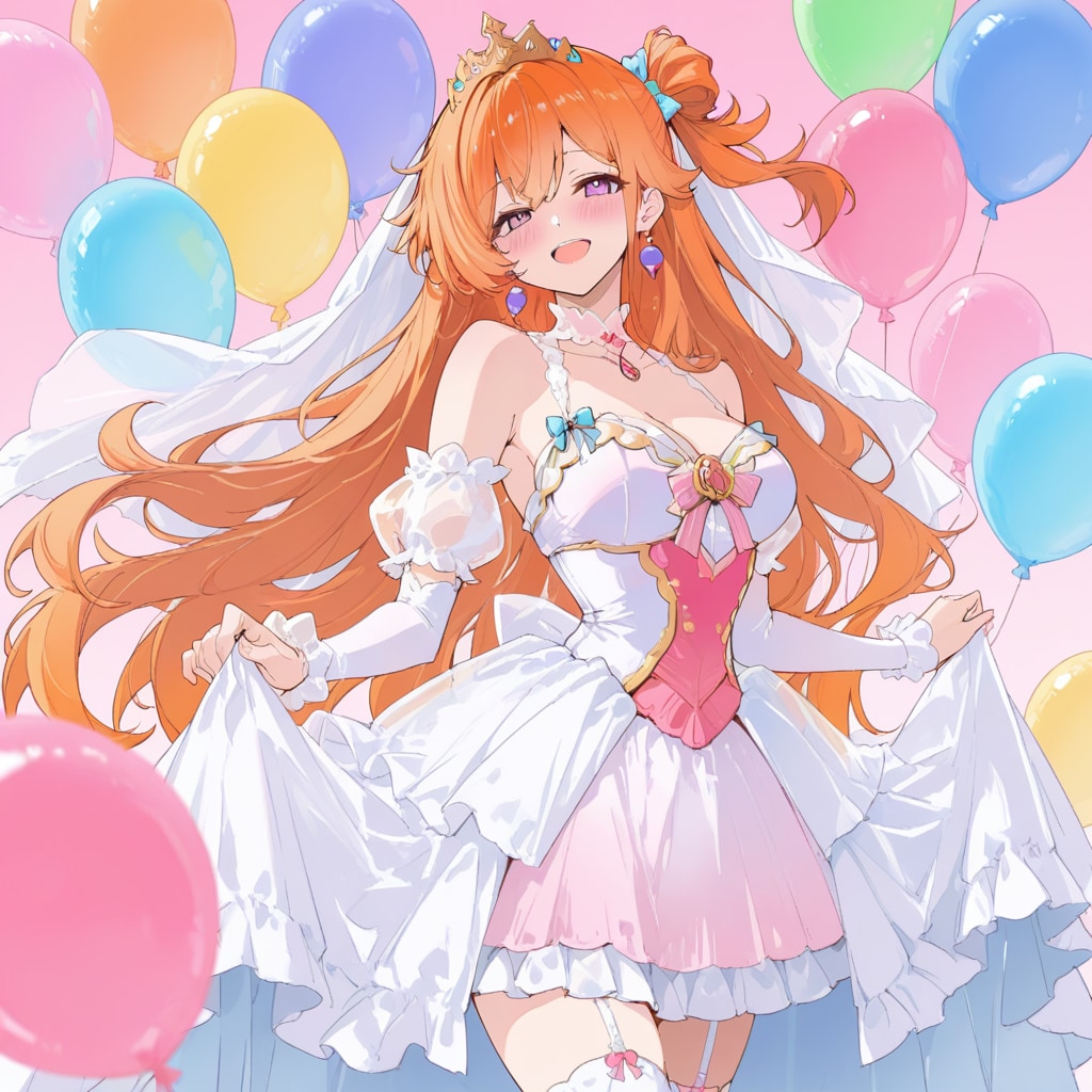 いっぱい色とりどりの風船を持つオレンジ髪ロングのお姫様
