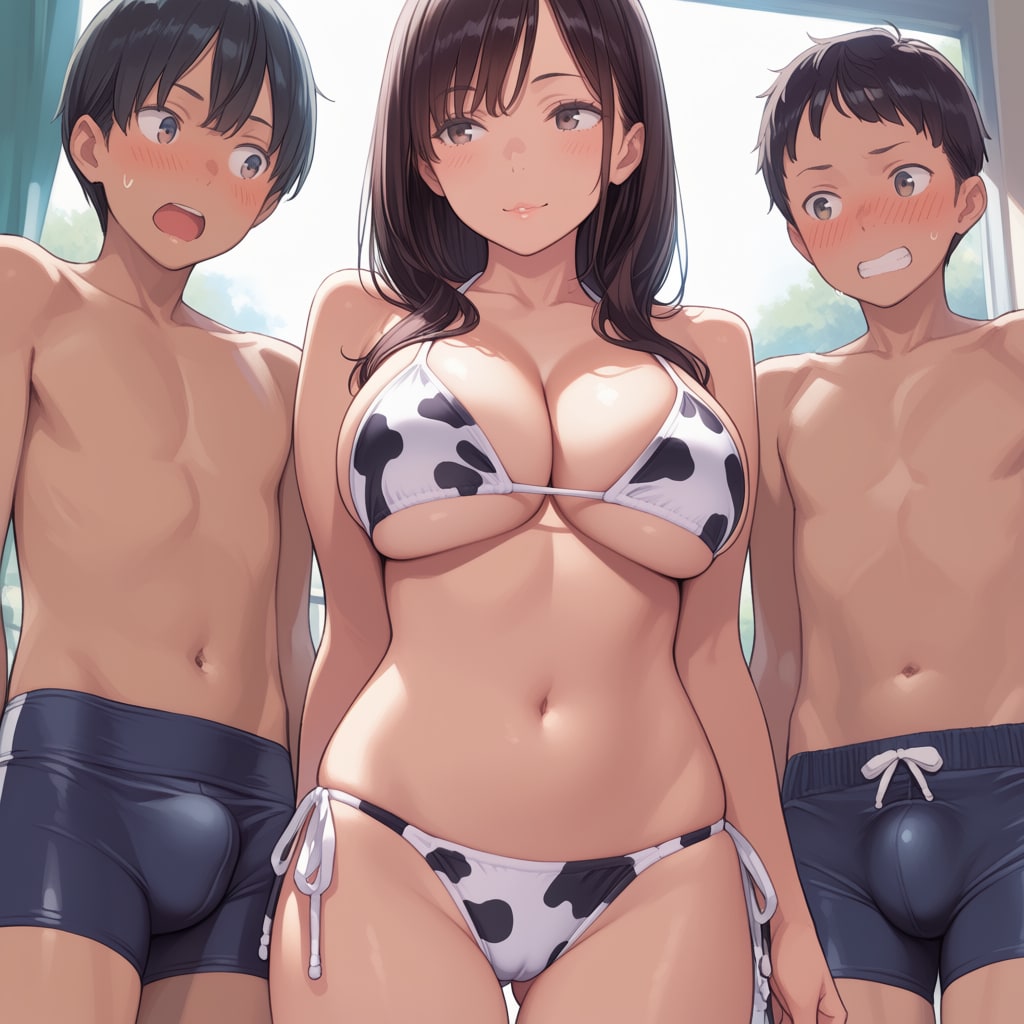 牛さんビキニの女性と男の子たち